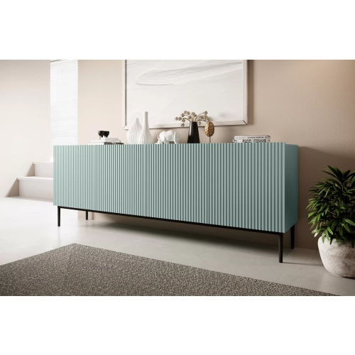 Komoda Nicole 200 cm z ryflowanym frontem i metalowymi nogami- szałwia / czarne nóżki - Limitowana oferta